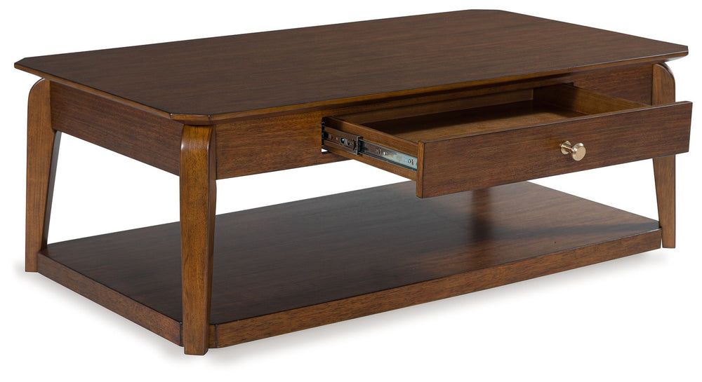 Create retro-inspired character in your living room with this coffee table. Warm and welcoming in a medium brown, its softly rounded top and tapered legs offer a mid-century appeal well-suited to styles from modern to eclectic. A spacious storage drawer k