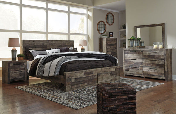 Derekson - 6 pzas. - Cómoda, espejo, cama King con panel y 2 cajones de almacenamiento - Gris jaspeado