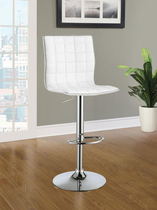  modern silhouette of this adjustable barstool. Its armless seat boasts a full back with waffle texturing created with intersecting lines for a dimensional look. Delivering appealing comfort