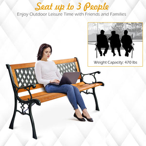 It consists of well-painted iron cast structure  solid wood seat and backrest frame  and PVC backrest pattern. <br>It comes with a size of 49.5" x 20.5" x 29" and features a strong load-bearing capacity of up to 463 lbs. <br>It's able to comfortably seat 