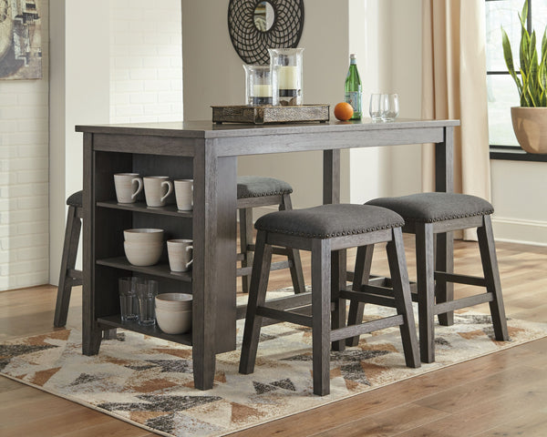  this dining room counter table serves up high style on a smaller scale. Its antiqued gray wash finish gives the clean-lined design a casually cool sensibility. Side shelves cleverly balance form and function.<