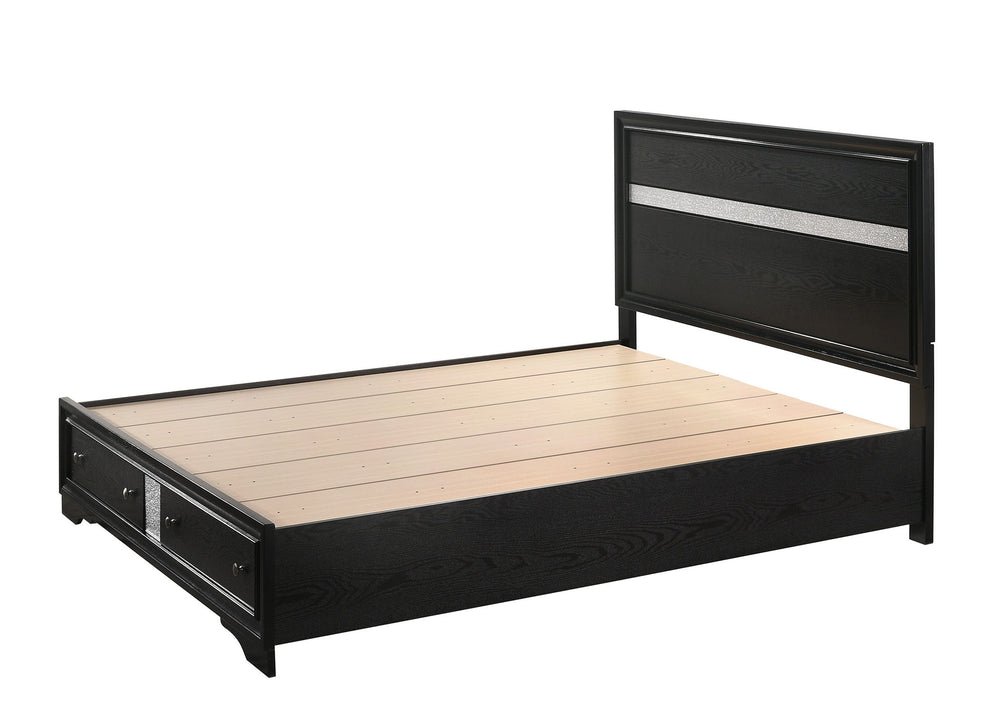 This bedroom set offers a sophisticated and cohesive look with its dark-toned wood and elegant design. The bed stands out with a high headboard featuring a shimmering silver accent, giving it a luxurious feel. The set includes a bed with storage drawers a