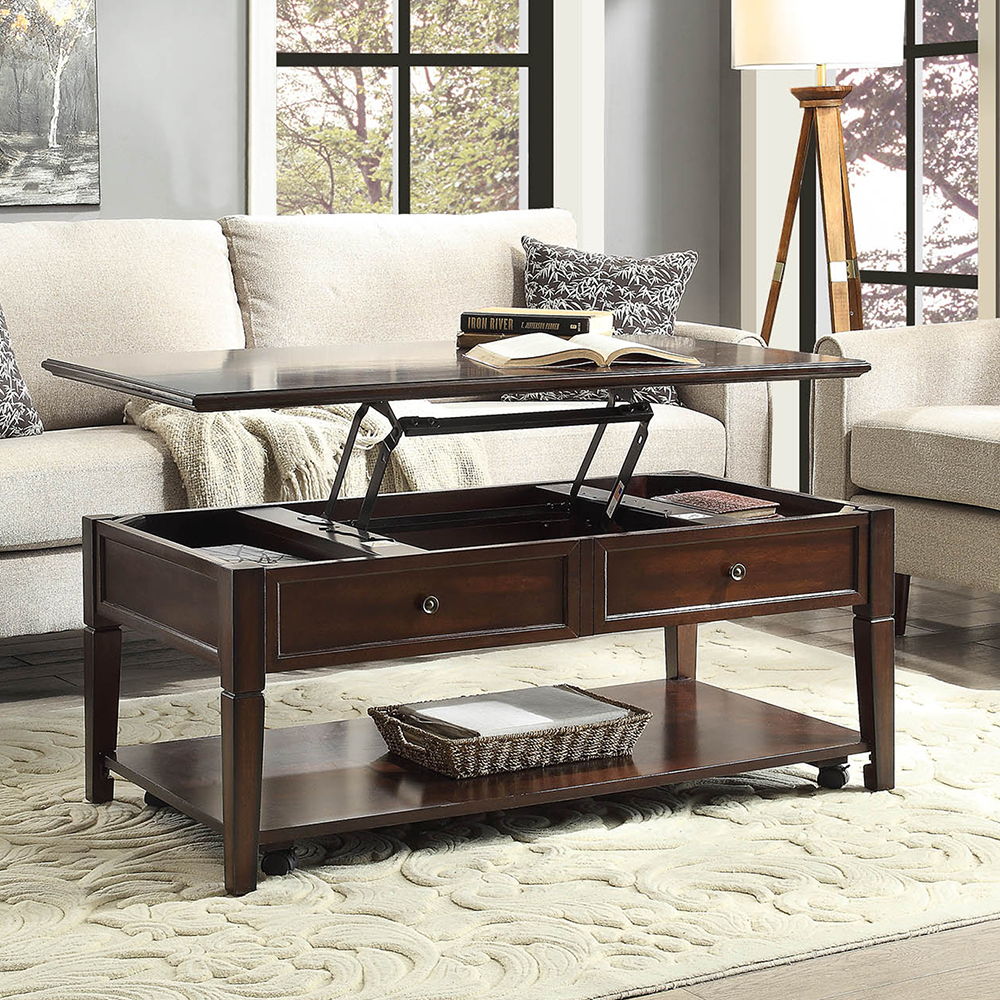 The Malachi Coffee Table offers a Transitional Style in a warm Walnut Finish. The Coffee Table Features a easy lift top with storage space, tapered legs complemented by a bottom display shelf. KD Construction (Assembly Required)<br/><br/><b>Product Featur