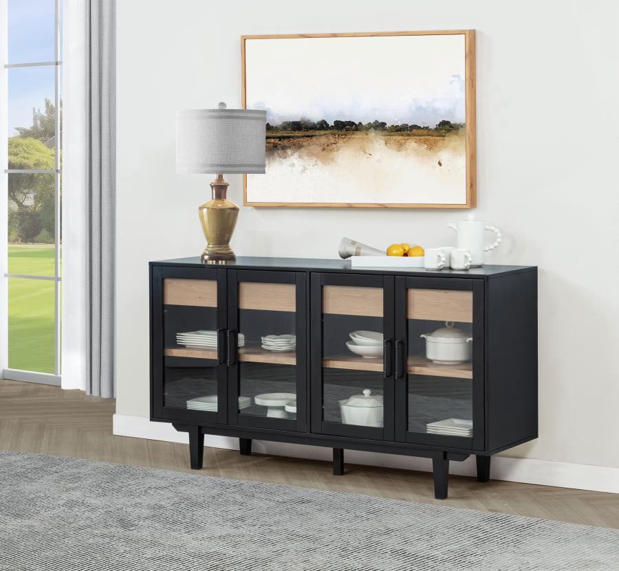 This versatile sideboard combines modern elegance with functional design. It features tempered glass-paneled cabinet doors that reveal adjustable shelving, perfect for displaying or organizing items. Two smooth-gliding, felt-lined drawers offer concealed 