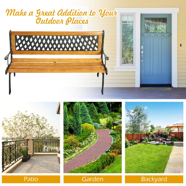 It consists of well-painted iron cast structure  solid wood seat and backrest frame  and PVC backrest pattern. <br>It comes with a size of 49.5" x 20.5" x 29" and features a strong load-bearing capacity of up to 463 lbs. <br>It's able to comfortably seat 