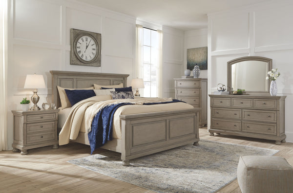Lettner - 6 Pc. - Dresser, Mirror, Chest, King Panel Bed - Light Gray