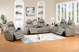 The Breckenridge Leather 3-Piece Power Reclining Set in Gray offers luxury, comfort, and function. It includes a power reclining sofa, console loveseat, and glider recliner, crafted from durable hardwood and manufactured woods. Top-grain leather on seats,