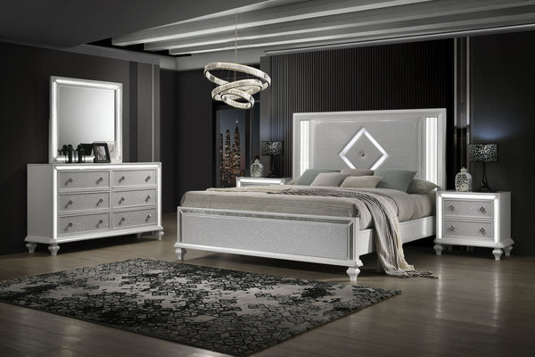 Introducing the Stardust Piece Bedroom Suite, including a Bed, Dresser, Mirror and 2 Nightstands in a glossy white finish. Crafted with durability and style in mind, each piece is meticulously constructed from manufactured wood with an eco-friendly decora