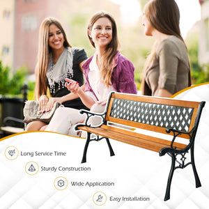 It consists of well-painted iron cast structure  solid wood seat and backrest frame  and PVC backrest pattern. <br>It comes with a size of 49.5-" x 20.5-" x 29-" and features a strong load-bearing capacity of up to 463 lbs. <br>It-'s able to comfortably s