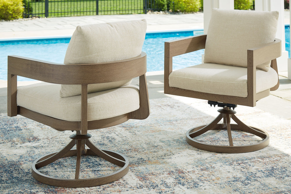 Elevate the appeal of easy-breezy living with this outdoor swivel dining chair. Made to look like wood yet durable enough to weather the elements, it-'s sure to serve you and your besties well, year after year. The gently curved chair features cushions wr