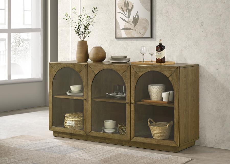 This versatile sideboard brings a blend of elegance and practicality to your dining room or living space. Crafted with hardwood, engineered wood, and oak veneer, it features a warm brown oak finish that enhances the natural beauty of the materials. Three 