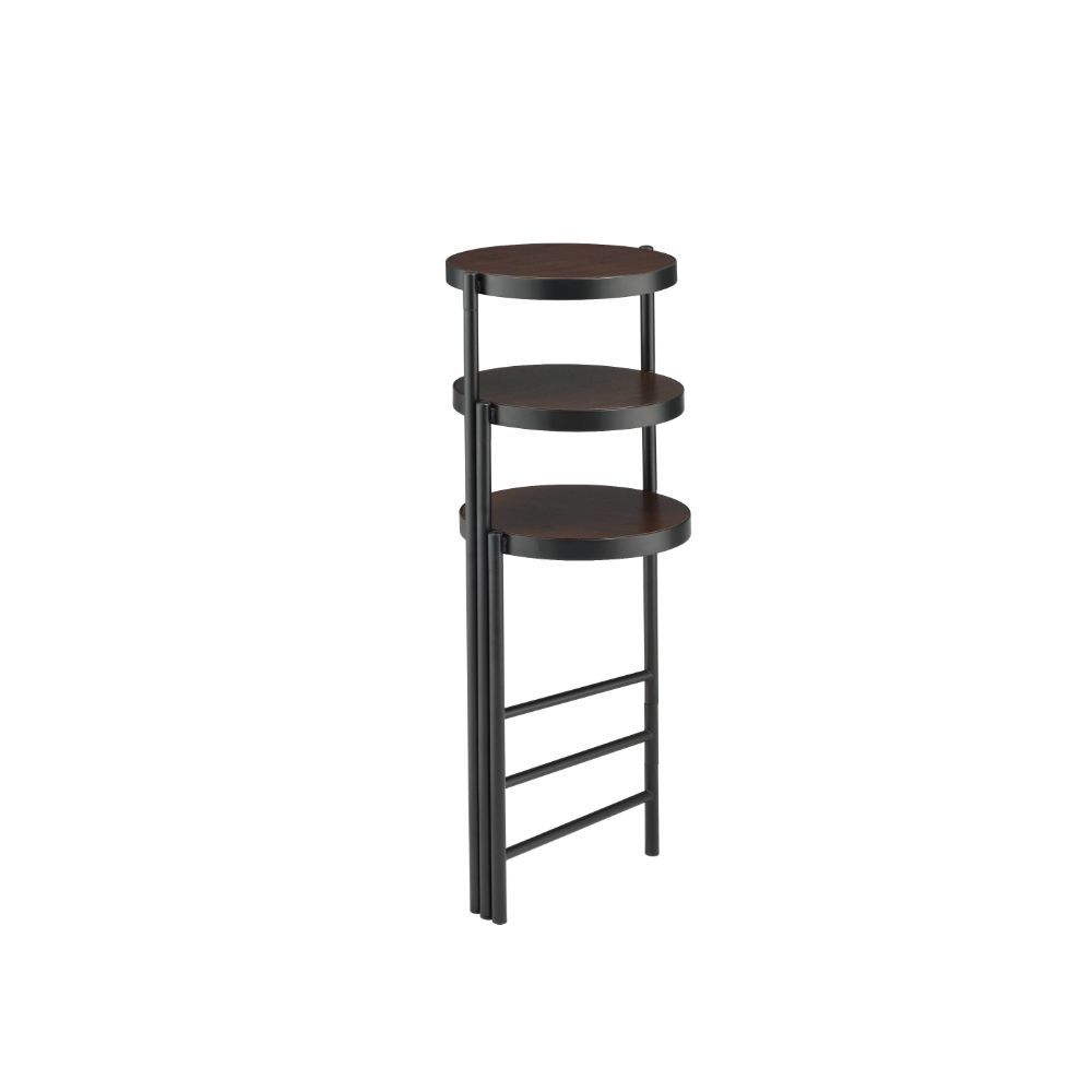 KD, Multi-Tiered Plant Stand Storage: 3 Open Compartments (Fixed Shelves, 10-"Dia) Function: Foldable Frame Wooden Round Tier Metal Frame with Straight Leg (Open Frame) CONSTRUCTION] Wooden Tier: Wood Veneer+MDF Frame & Leg: Metal Tube<br/><br/><b>Product