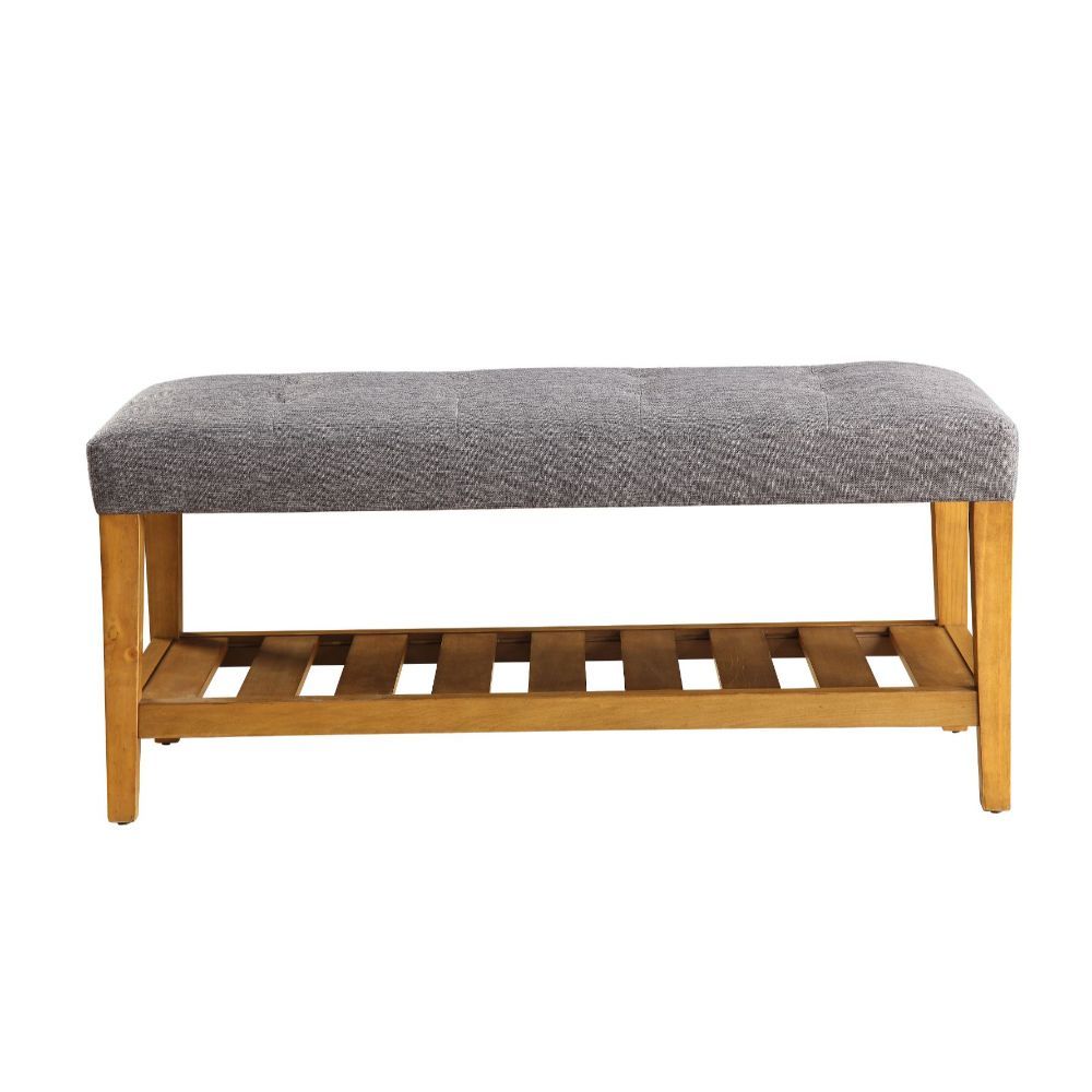 Simplistic lines pulling from the craftsman era and tapered legs to add some style, the Charla bench with button tufted full box seat can easily compliment any home styling Decor. The added width of the bottom slats serves as a function shelf. There are 4