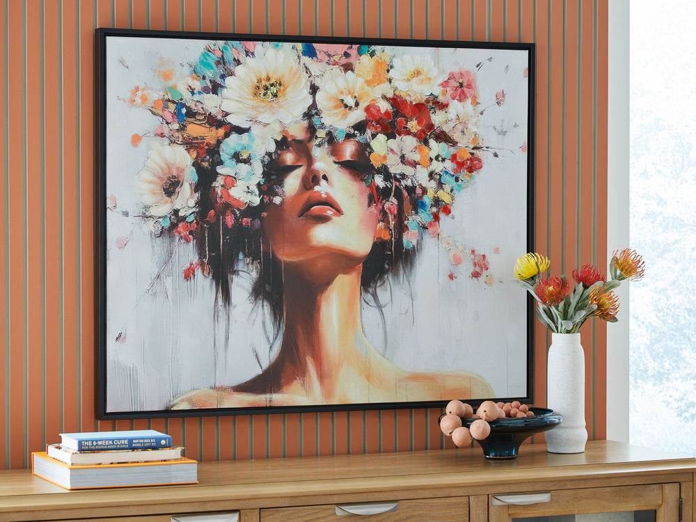You can never go wrong with florals. This enchanting wall art captures nature-'s abundant beauty, featuring a woman-'s headdress overflowing with a stunning variety of flowers. It-'s sure to brighten your mood each time you see it.<br/><br/><b>Product Fea