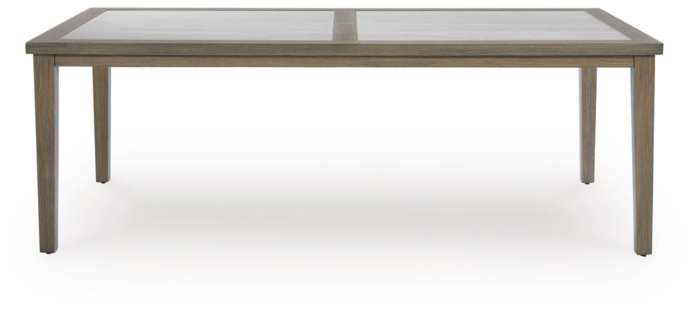 Experience the perfect combination of durability and style with this outdoor dining table. An aluminum frame with a wood-look finish maintains a sleek, contemporary aesthetic, while the sintered stone tabletop adds an element of natural elegance. This del