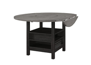 This counter-height dining group embodies a chic, contemporary style with its sleek design and elegant finishes. The ensemble features a robust, round table with a striking wood veneer top that showcases the natural grain, adding a warm, organic touch to 