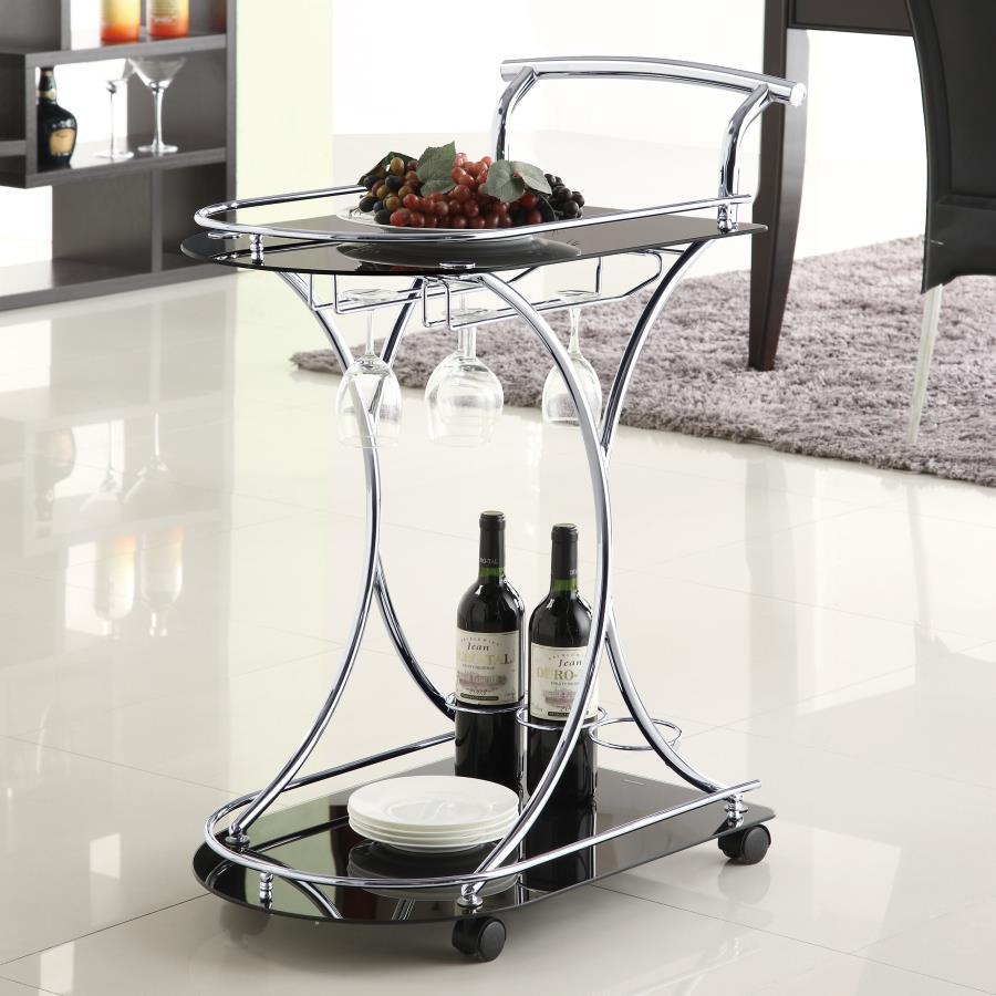 Recapture mid-century elegance with an enticing function. Slender construction elements form a graceful look in this mobile serving cart and add a lovely accent piece that-'s also useful for entertaining. Sleek black glass serves as a top and bottom shelf