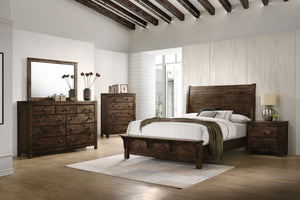 The 6 Piece Queen Blue Ridge Collection by New Classic Furniture offers a harmonious blend of sustainability and timeless design. Crafted from reclaimed solid wood, sourced from various origins, this set embraces eco-friendly construction, contributing to
