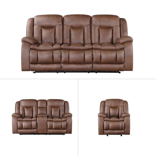 The Morello 3 Piece Power Reclining Sofa, Console Loveseat, and Glider Recliner in Brown is a standout choice for your living room. This set includes a power sofa, a power console loveseat, and a glider recliner, all upholstered in sumptuously soft 100% p