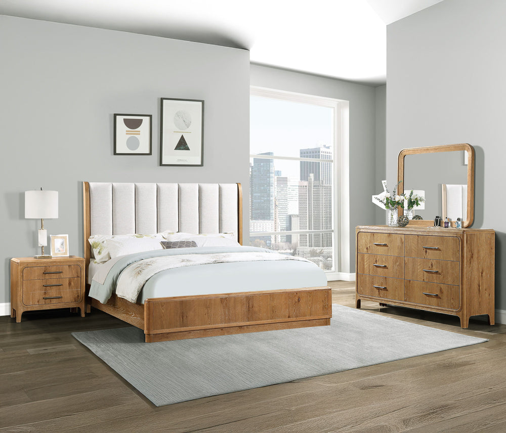 Elevate your bedroom with this stylish and inviting furniture group, designed to blend modern simplicity with rustic charm. The centerpiece features a beautifully upholstered headboard framed in a rich, natural wood finish, adding texture and warmth to yo