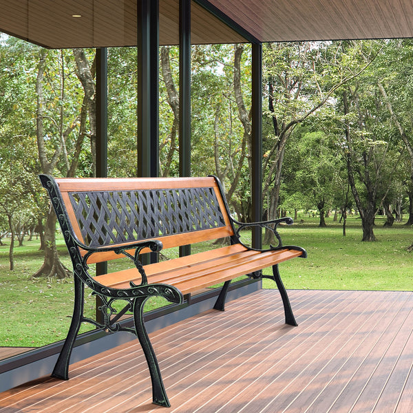 It consists of well-painted iron cast structure  solid wood seat and backrest frame  and PVC backrest pattern. <br>It comes with a size of 49.5" x 20.5" x 29" and features a strong load-bearing capacity of up to 463 lbs. <br>It's able to comfortably seat 