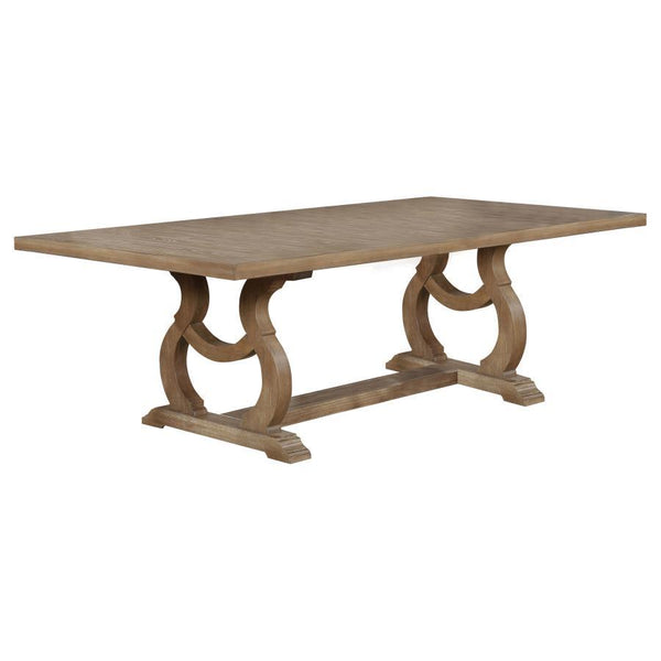 Soft and romantic finishes create an inviting aura for this wood dining table. Beautifully equipped to seat six to eight, this rectangular table is perfect for a growing family. Crafted in solid Asian hardwoods, a barley brown finish sets the perfect tone