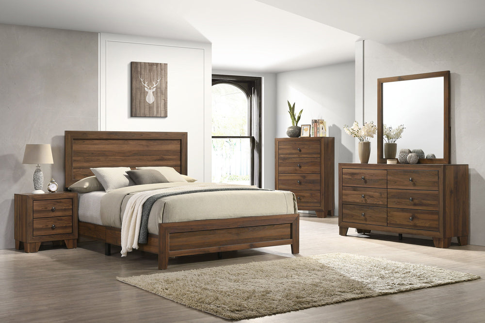 This bedroom set offers a minimalist design with a nod to rustic aesthetics, perfect for creating a serene and uncluttered space. The straightforward lines of the bed frame, combined with the rich wood finish, exude a sense of calm and earthiness. The acc