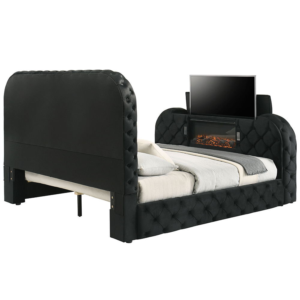 Cozy up in bed with the Kana black velvet bed. This bed features all the bells and whistles imaginable that make it impossible to ever leave. The built-in footboard fireplace (without heat) creates a relaxing ambiance. The footboard also houses a hidden T