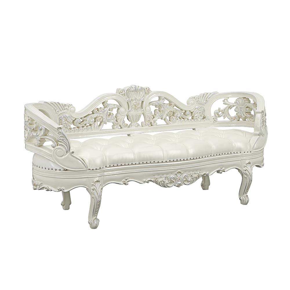 Bringing a modern approach to the classic ornate Rococo style, the Adara bed blends in contemporary touches with traditional design details. The PU adds a fresh approach to the intricately embellished bed. The antique white is embellished with light gold 
