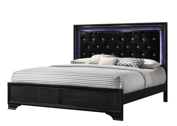  making a bold statement with its textured surfaces and rich black finish. The bed