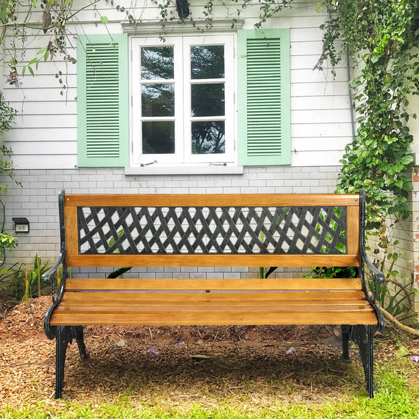It consists of well-painted iron cast structure  solid wood seat and backrest frame  and PVC backrest pattern. <br>It comes with a size of 49.5" x 20.5" x 29" and features a strong load-bearing capacity of up to 463 lbs. <br>It's able to comfortably seat 
