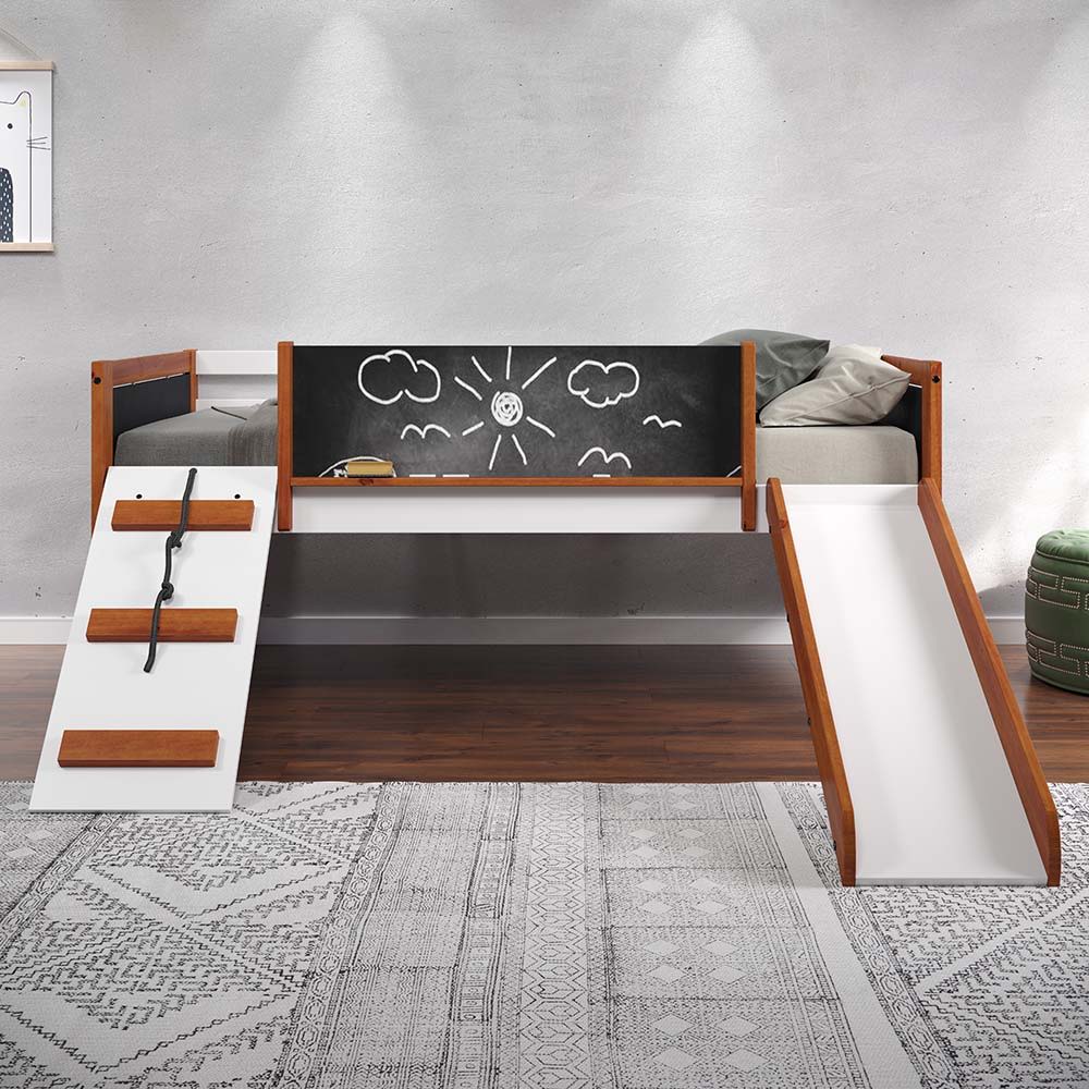 Let your little one-'s imagination run wild with the Aurea loft bed. Finished in a gender-neutral color palette of walnut and white. The bed features a creative way to climb in and out of bed with the built-in slide. Say goodbye to scribbled walls, the be