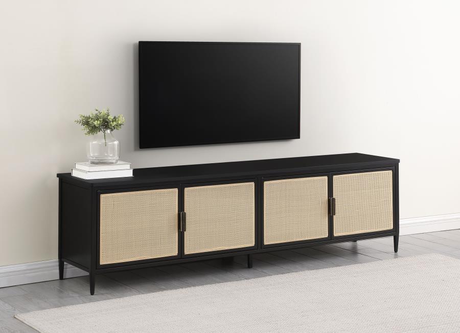 Upgrade your entertainment space with this stunning 78-inch TV stand, designed to accommodate up to an 80-inch TV. Featuring four door cabinets with elegant radio weave polyethylene (PE) rattan fronts, this stand combines modern style with natural texture