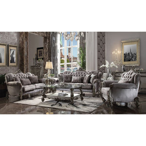 The Versailles collection with antique platinum finish will create you an elegant, warm and traditional taste in your living room. The sofa set reflects highly decorative base with scrolled feet, and the upholstered seats with the deep button tufted and N