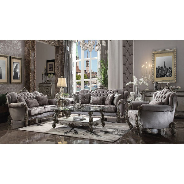 The Versailles collection with antique platinum finish will create you an elegant, warm and traditional taste in your living room. The sofa set reflects highly decorative base with scrolled feet, and the upholstered seats with the deep button tufted and N