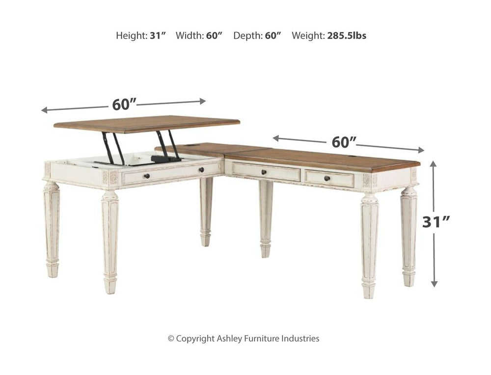 Elevating the art of traditional cottage styling, this L-shaped desk is your heavenly home office realized. Two-tone finish combines chipped white with distressed wood tone tops for added charm. Framed drawer fronts, decorative corbels and elegantly turne