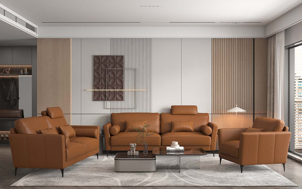  the Tussio collection offers comfort and style. The gorgeous saddle tan leather finish is modern. Included are bolster cushions and pillows to match the seating. The headrest provides added comfort to