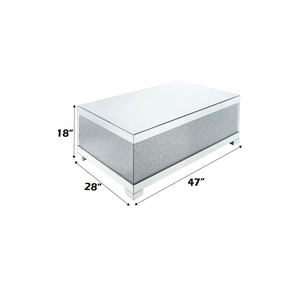 Assembled, Rectangular Coffee Table â€¢ NO Storage â€¢ Features: Mirrored Top, Base w/Faux Crystals & Clear Glass â€¢â€¢ CONSTRUCTION â€¢â€¢ Mirrored Top & Base: Beveled Mirror, MDF â€¢ Case: Faux Crystals, 4mm Clear Tempered Glass, MDF â€¢ Mirrored Squar
