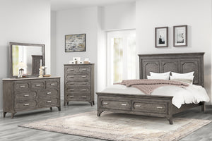Elevate your bedroom to new heights of sophistication with the Lisbon 4 piece bedroom set in Gray. Crafted from Acacia solid wood and eco-friendly embossed oak laminate, this set promises enduring strength and durability. Its multi-step gray finish enhanc