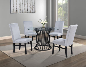 Bring contemporary elegance to your dining area with this stunning dining set, combining sleek design with timeless sophistication. The centerpiece is a striking glass-top table, featuring a sculptural black metal base that adds an artistic flair and a se