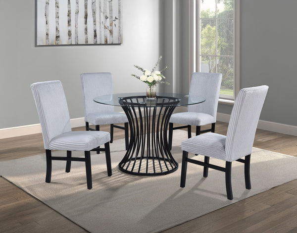 Bring contemporary elegance to your dining area with this stunning dining set, combining sleek design with timeless sophistication. The centerpiece is a striking glass-top table, featuring a sculptural black metal base that adds an artistic flair and a se