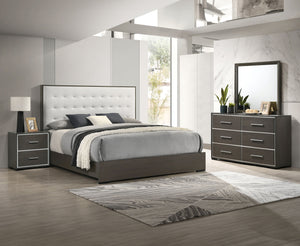 Discover the modern charm of this bedroom collection, featuring a clean-lined design with a warm dark finish. The centerpiece is a bed with a stylish tufted headboard, providing a touch of class. This set includes a matching dresser, chest, and nightstand