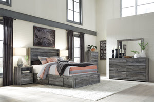 Baystorm - 10 piezas - Cómoda, espejo, cajonera, cama queen con panel y 6 cajones de almacenamiento, 2 mesitas de noche - Gris