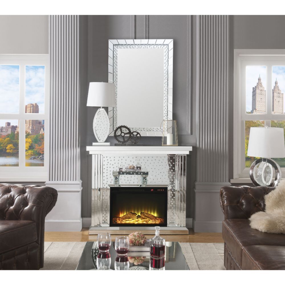 Assambled, Rectangular Fireplace Beveled Mirrored Finish, Clear Glass with Faux Crystal Inlay (Back Unfinished) Orientation: Free Standing NO Storage Specifications: Electric Fireplace (LED), BTU Output: 4777 BTU-'s, Heating Area: 400 sq ft Touch Control 