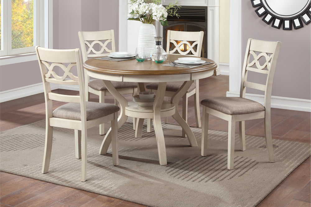 The graceful Cori 5 Piece Dining Table and Chair Set is built with durability and comfort in mind. This dining set provides spacious seating for four and a handy storage shelf located under the table top to store dinnerware or decor. The dining table apro