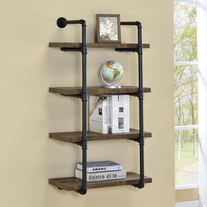  as shown by this wall shelf. Plumbing pipe frame highlights the rugged utility that-'s the hallmark of the style. Wall hanging adds a unique element to the piece. Incorporates four (4) open shelves for ease of storage or 