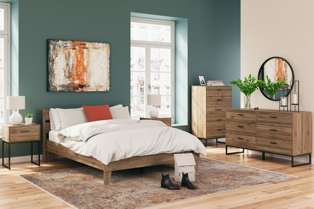 Is your bedroom in need of a refresh? And do you love mid-century modern design? Then this bedroom set is calling your name. Rich honey brown finish over replicated walnut grain with authentic touch. Contemporary handles in a dark pewter colored finish. S