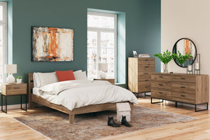 Is your bedroom in need of a refresh? And do you love mid-century modern design? Then this bedroom set is calling your name. Rich honey brown finish over replicated walnut grain with authentic touch. Contemporary handles in a dark pewter colored finish. S