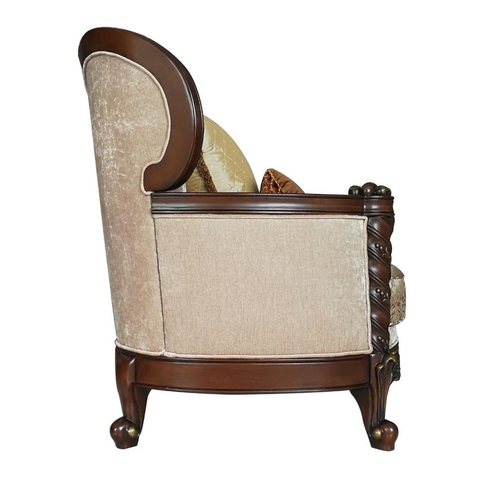 Unassemble Back (Back Could unassembly to make it easier to lift and move), w/2 Pillows â€¢ Carved Crown, Molding Trim with Welt Trim: Contrast Gold-Brush Accent, Rubber Wood (Front Armrest, Leg & Base) â€¢ Backrest Style: Arched, Wingback â€¢ Tight Back 