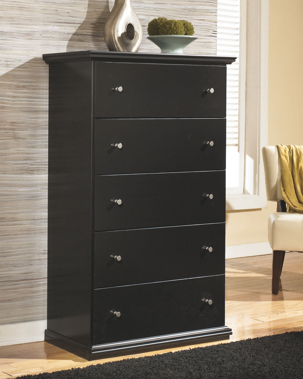 Clean, simple and beautiful. This chest provides ample space for clothing, accessories and spare bed linens. Pewter-tone knobs give a slightly industrial feel, making this piece at home among eclectic decor.<br><br><b>Additional Dimensions</b><br><ul><li>